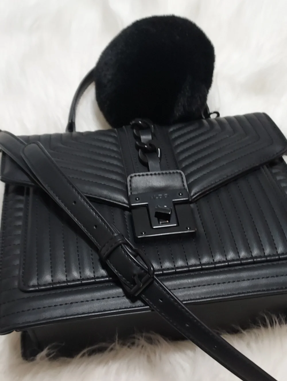 ALDO Chic Black Quilted Top-Handle Satchel with Pom Accent